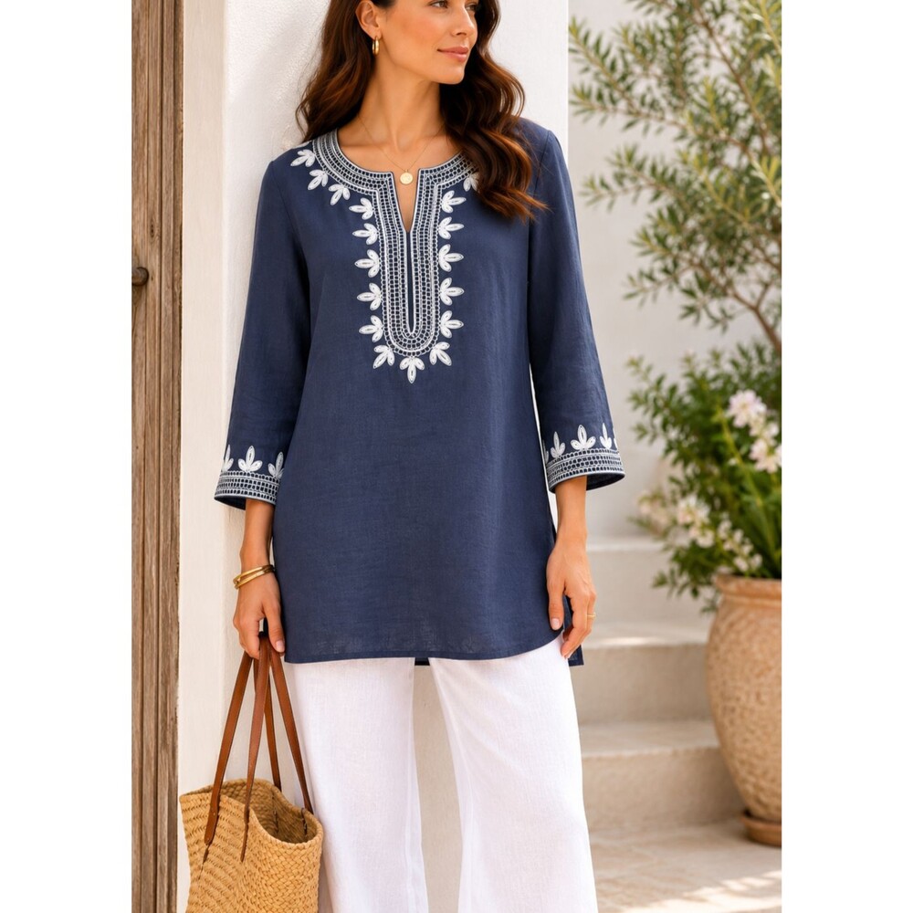 Blue Saks Fifth Avenue Embroidered Linen Tunic Top Navy Blue XS NWT